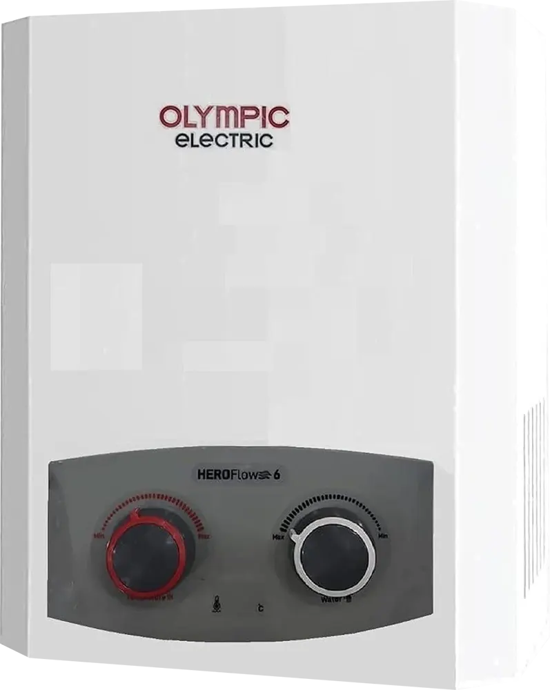 Olympic Hero Flow Gas Water Heater, 6 Liters, Digital Display, Adapter, Without Chimney, White