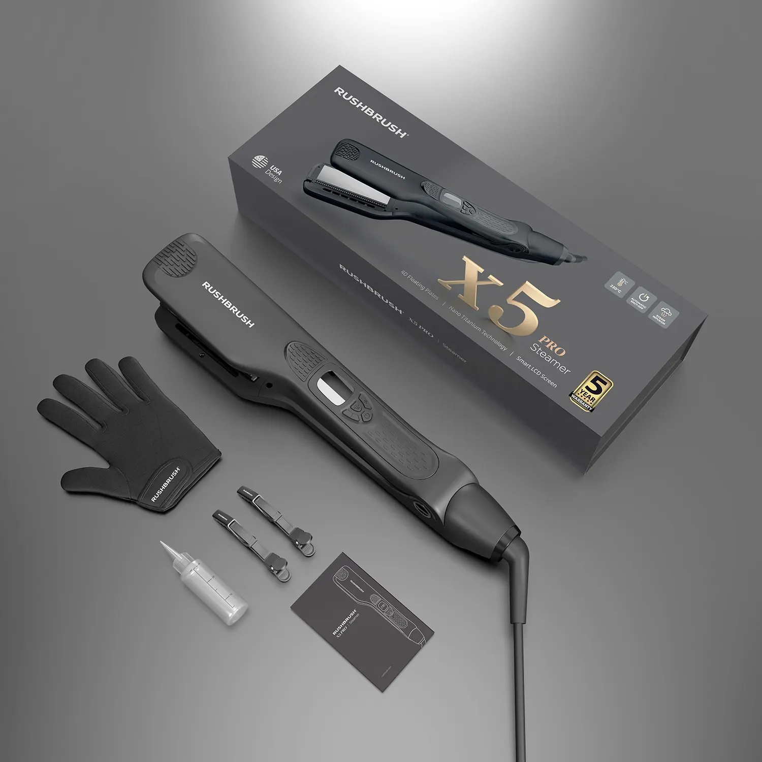 Rush Brush X5 PRO Steam Hair Straightener, Titanium Plates, 230° C, Black