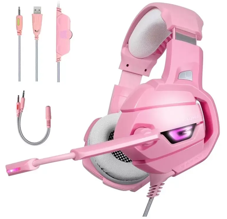 Onikuma K5 Professional Wired Gaming Headset, Wired, Microphone, LED Light, Pink