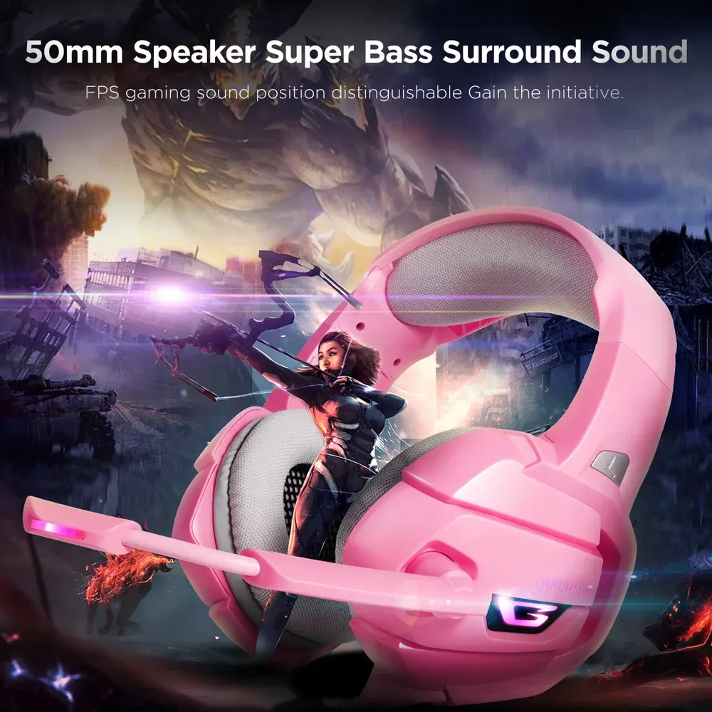 Onikuma K5 Professional Wired Gaming Headset, Wired, Microphone, LED Light, Pink
