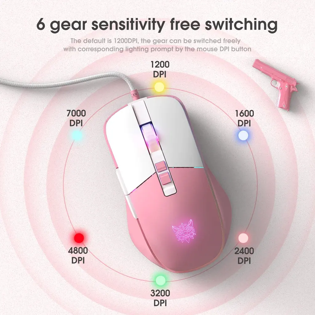 Onikuma Wired gaming mouse , 7200 DPI, RGB lighting, pink, CW916