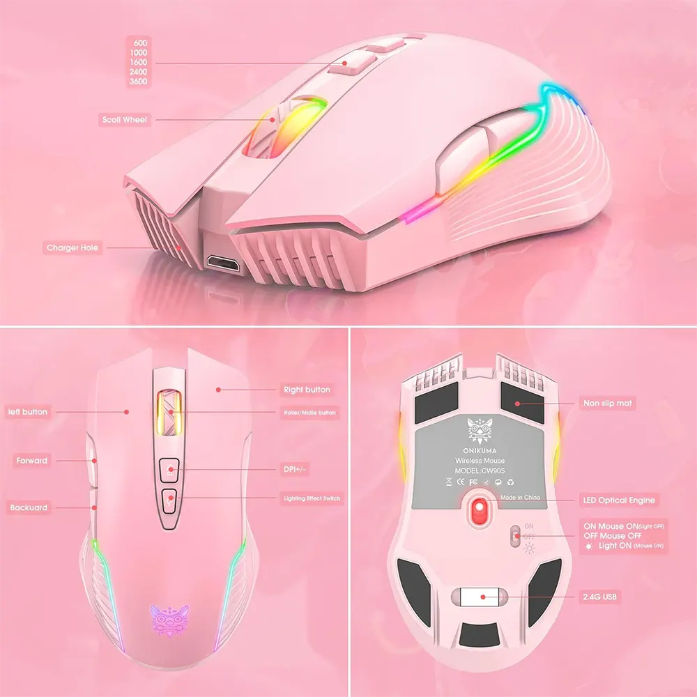 Wireless Mouse Onikuma 2.4GHz, 3600 DPI, Pink, CW908