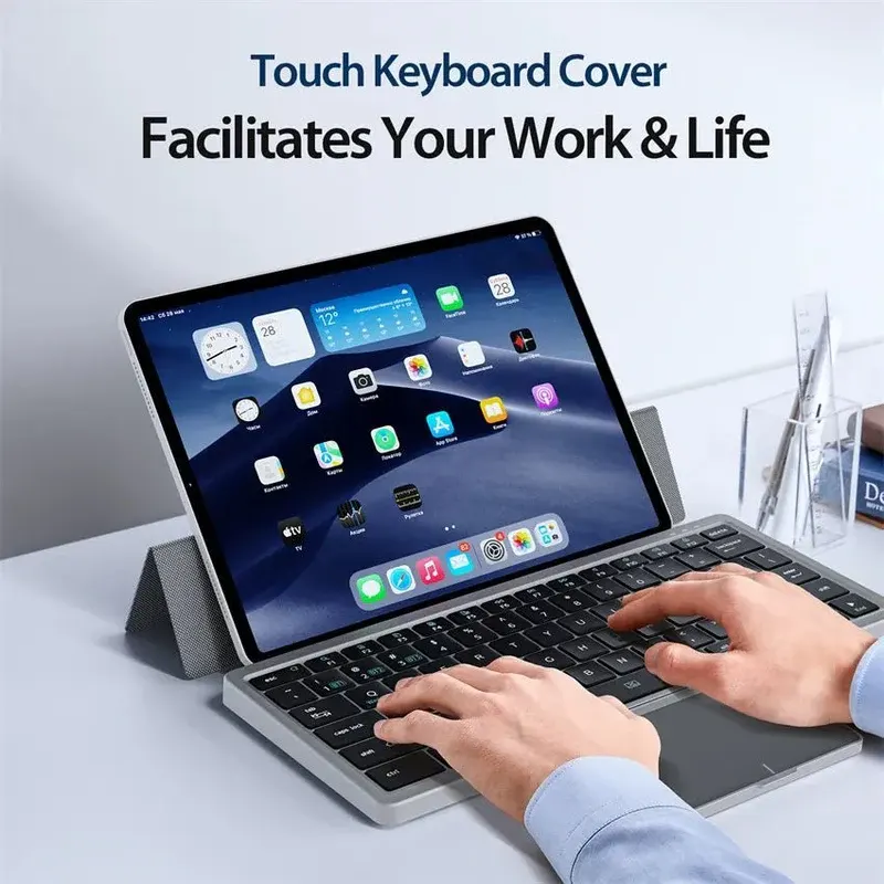 Wireless Bluetooth Keyboard with Rotatable Touchpad, Rechargeable, Black, KF8700