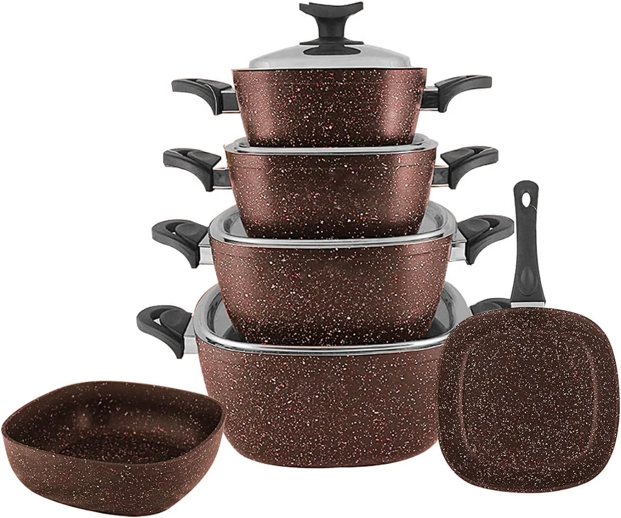 طقم حلل جرانيت سافلون مربع باور لاين، 10 قطع، شوكولا