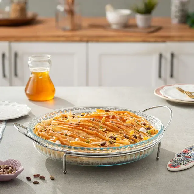 Borcam Oval Turkish Pyrex Casserole Dish with silver stand, liters,  Transparent