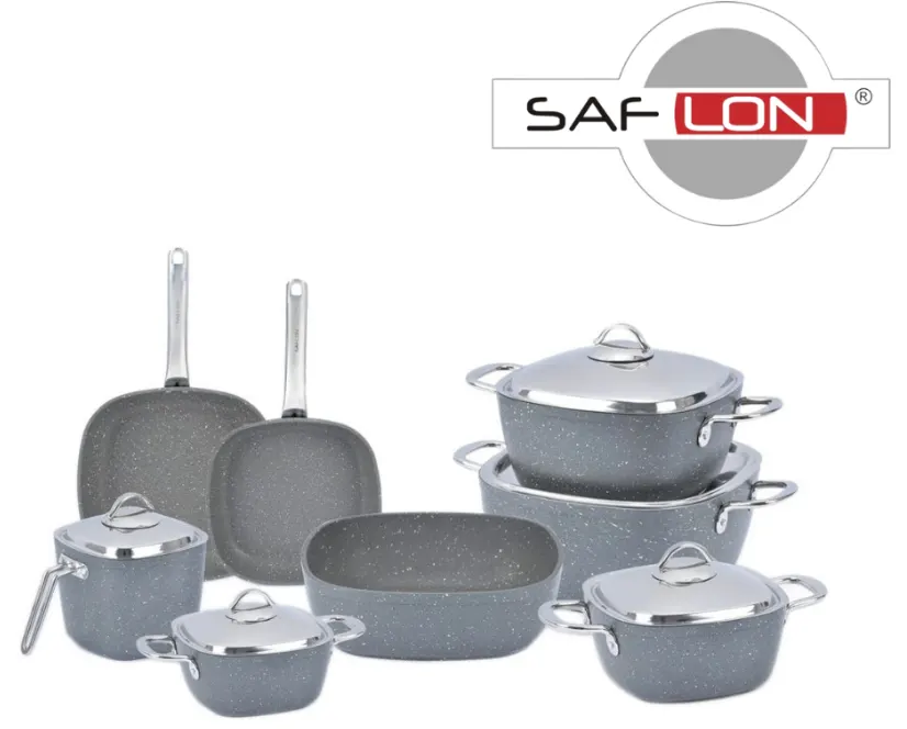 Saflon square granite cookware set with steel handle, 13 pieces, grey