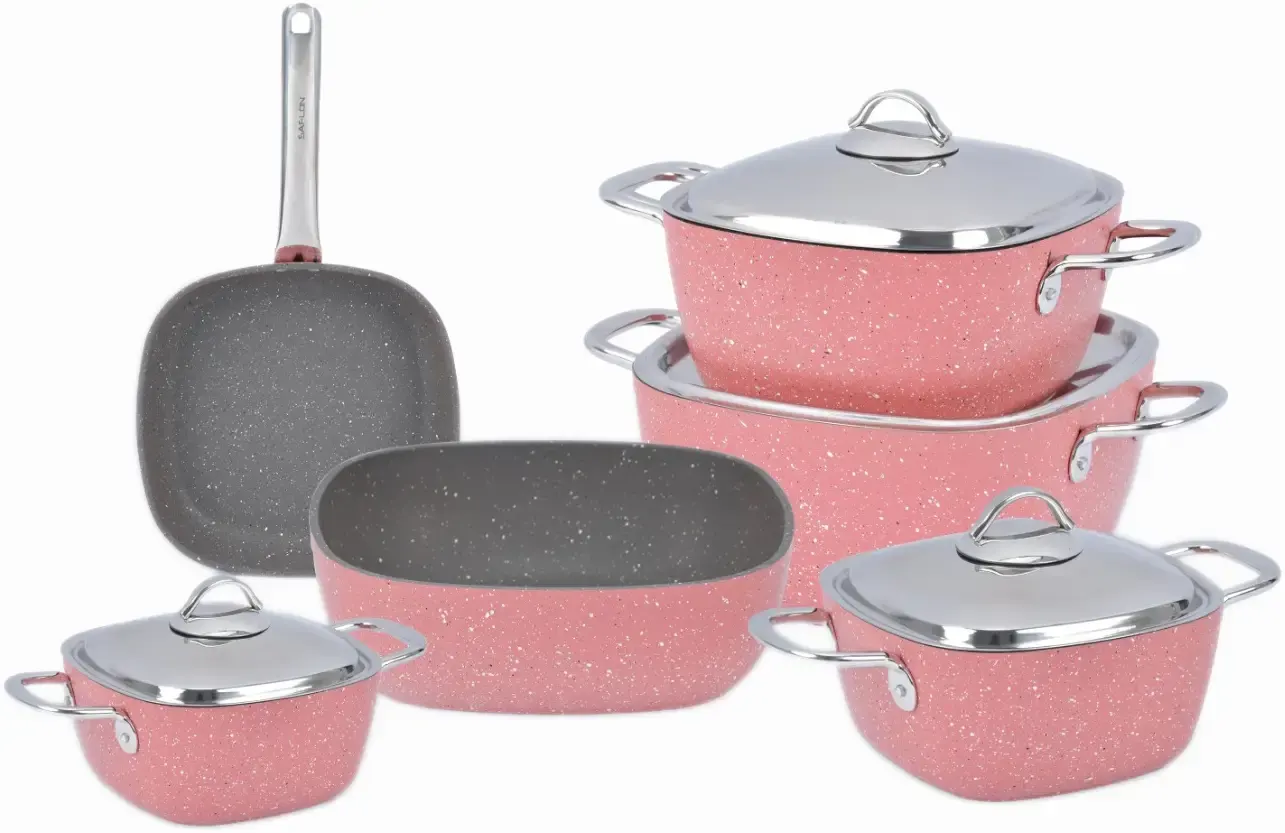 طقم حلل جرانيت سافلون مربع بيد استيل، 10 قطع، روز