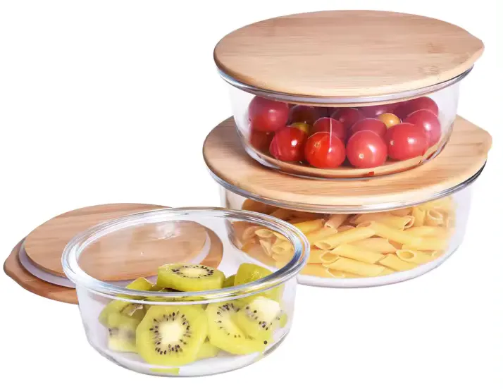 طقم علب ثلاجة زجاج بغطاء خشب،3 قطع