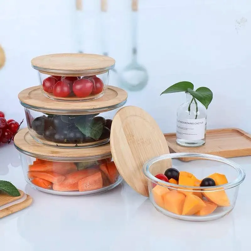 Set of glass refrigerator containers with a wooden lid, 3 pieces