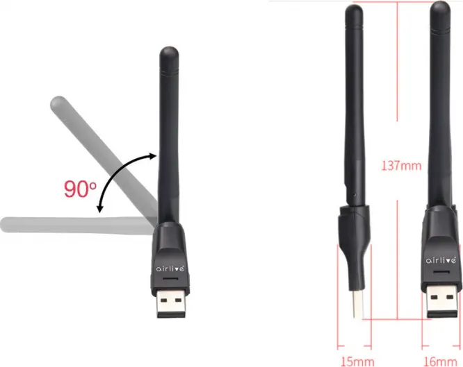 Airlive Wireless Adapter, USB 2.0, 150Mbps ,With Antenna, Black, N15A