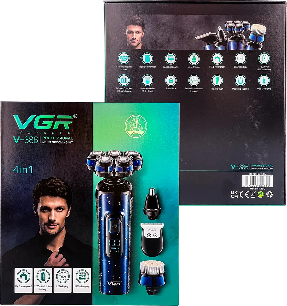 VGR Electric Shaver, 4 in 1, Rechargeable, LED Display, Blue, V-386