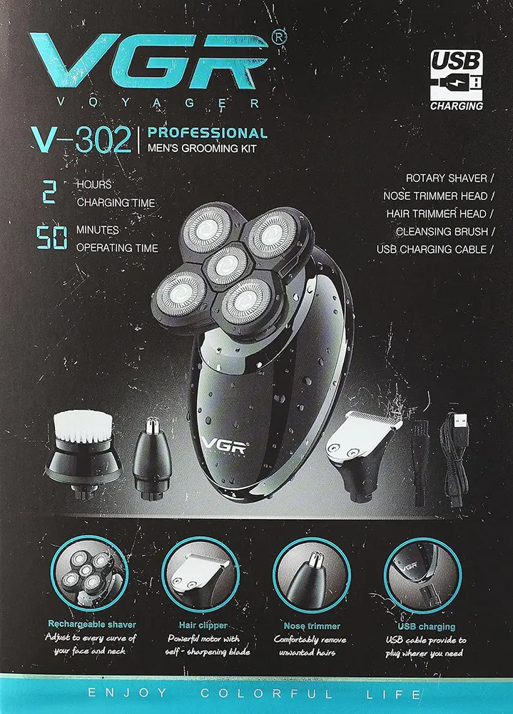 VGR Electric Shaver, 3 in 1, Rechargeable, Black, V-302