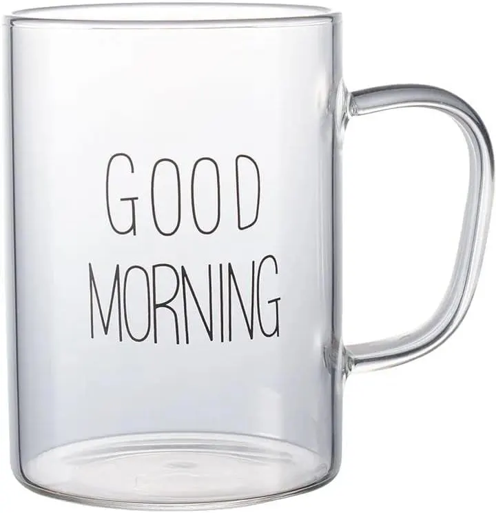 Good Morning tall glass mug, transparent