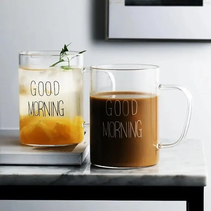 Good Morning tall glass mug, transparent