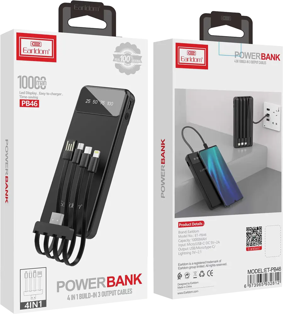 Earldom Power Bank, 1000 mAh, 2.1A, 5 Volt, LED Display, Black, ET-PB46