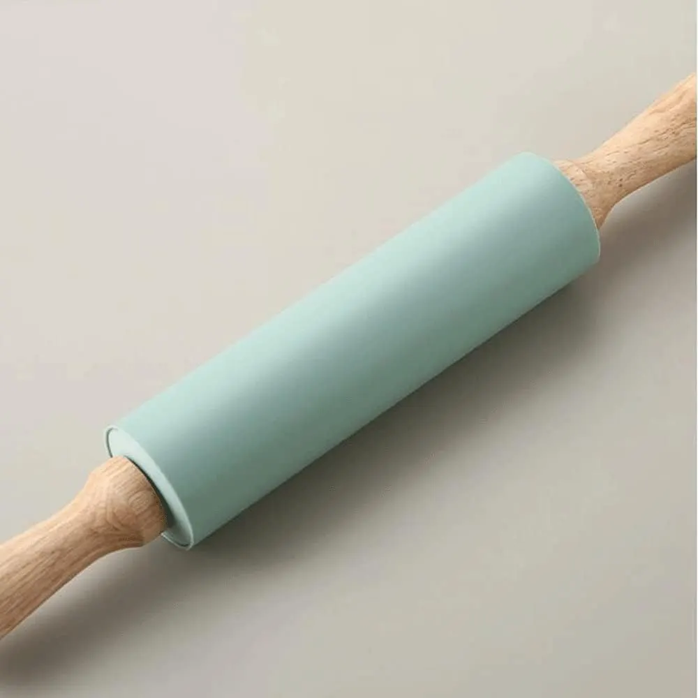 Silicone rolling pin with wooden handle, multiple colors, 1172