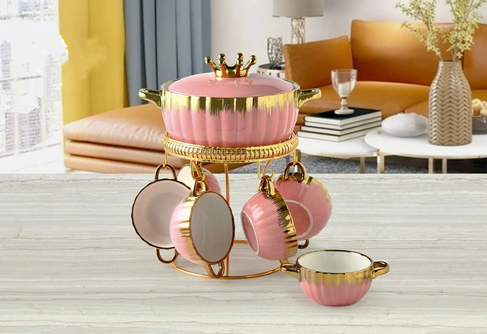 طقم شوربة فيونكة سيراميك بالحلة، بينك مدهب