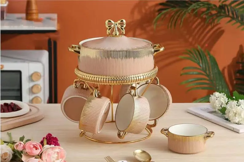 طقم شوربة فيونكة سيراميك بالحلة، بينك مدهب