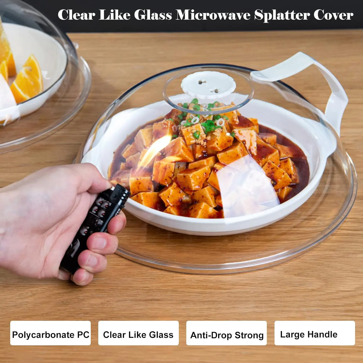 Microwave lid with handle and ventilation hole, transparent