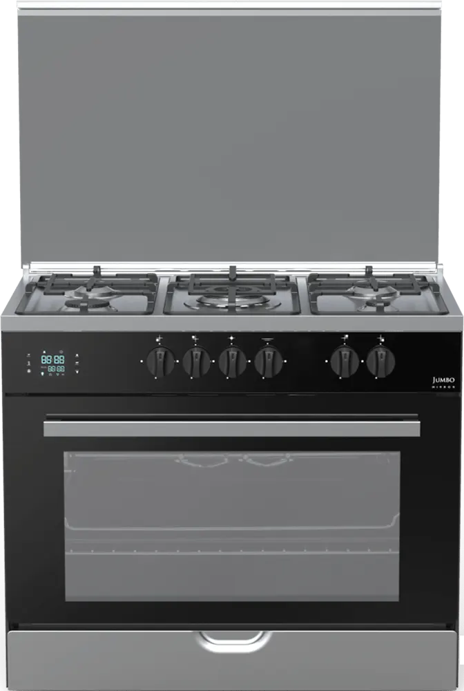 بوتاجاز فريش جامبو ميرور 90*60 سم، 5 شعلة، تايمر تاتش ديجيتال، أمان كامل، مروحة، أسود مرآة