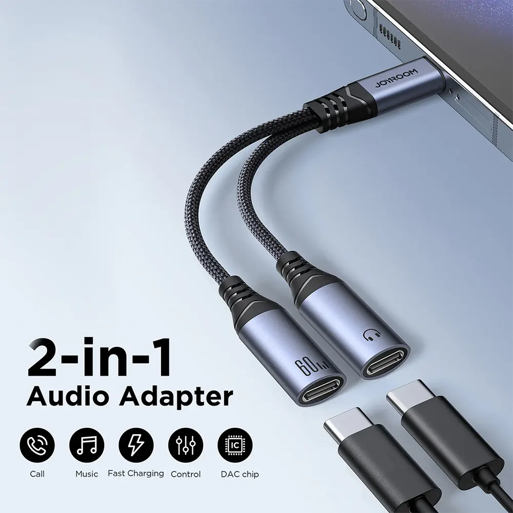 Joyroom 2in1 Audio Adapter Cable, Type-C to Dual Type-C, 60W, Black, PD SY-C03