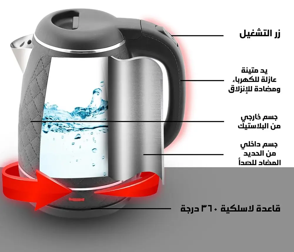 غلاية مياه كهربائية ستانلس ستيل-بلاستيك فلامنجو بريمير، 1.8 لتر، 1500 وات، أسود