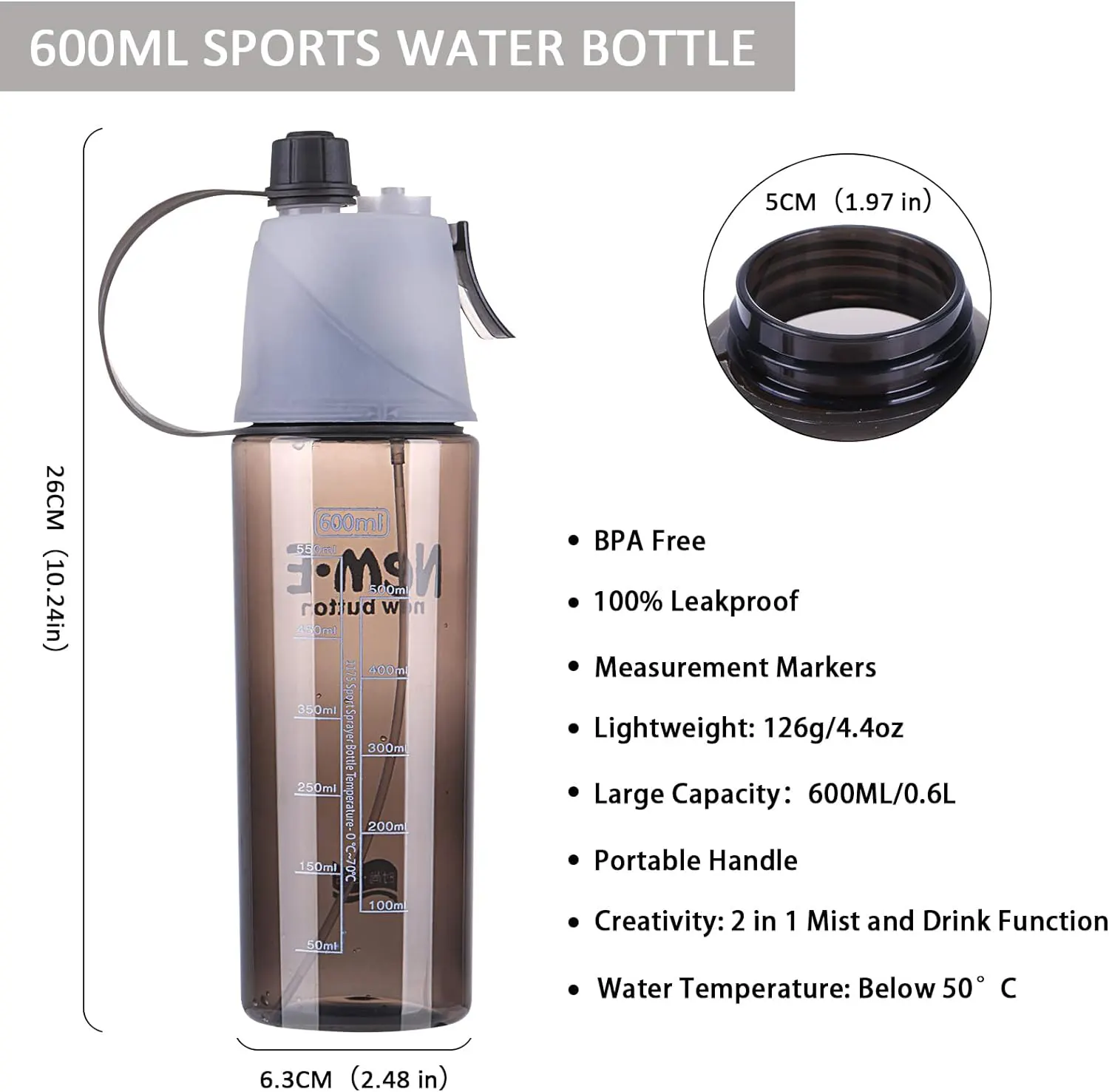 Sports spray water bottle, plastic, 600 ml, transparent grey