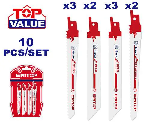 Emtop Reciprocating Saw Blade Set, 10 Pieces, ESSB1001