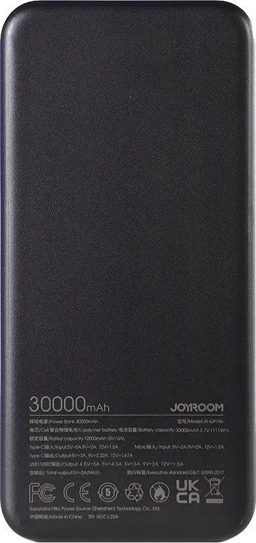 Joyroom Fast Charging Power Bank, 30000 mAh, 5V, 22.5W, Black, JR-QP196