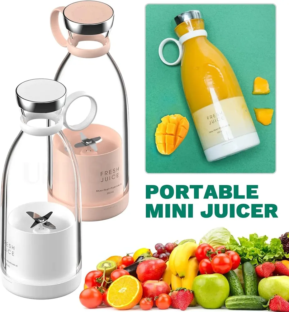 خلاط رحلات صغير محمول قابل لاعادة الشحن بكابل USB، 50 واط، 380 ملي، أبيض-وردي