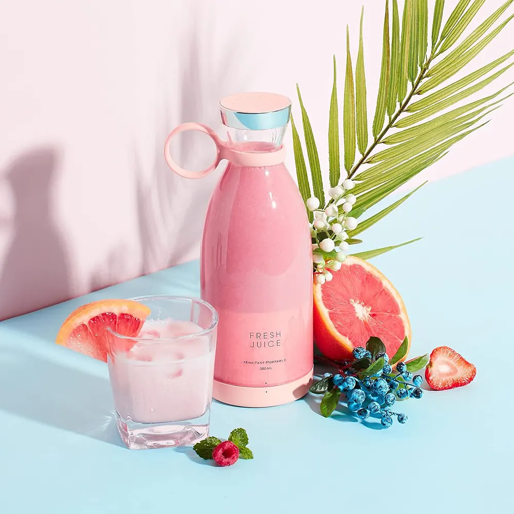 خلاط رحلات صغير محمول قابل لاعادة الشحن بكابل USB، 50 واط، 380 ملي، أبيض-وردي