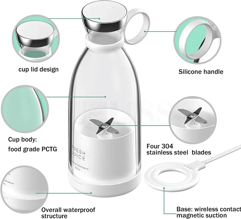 خلاط رحلات صغير محمول قابل لاعادة الشحن بكابل USB، 50 واط، 380 ملي، أبيض-وردي