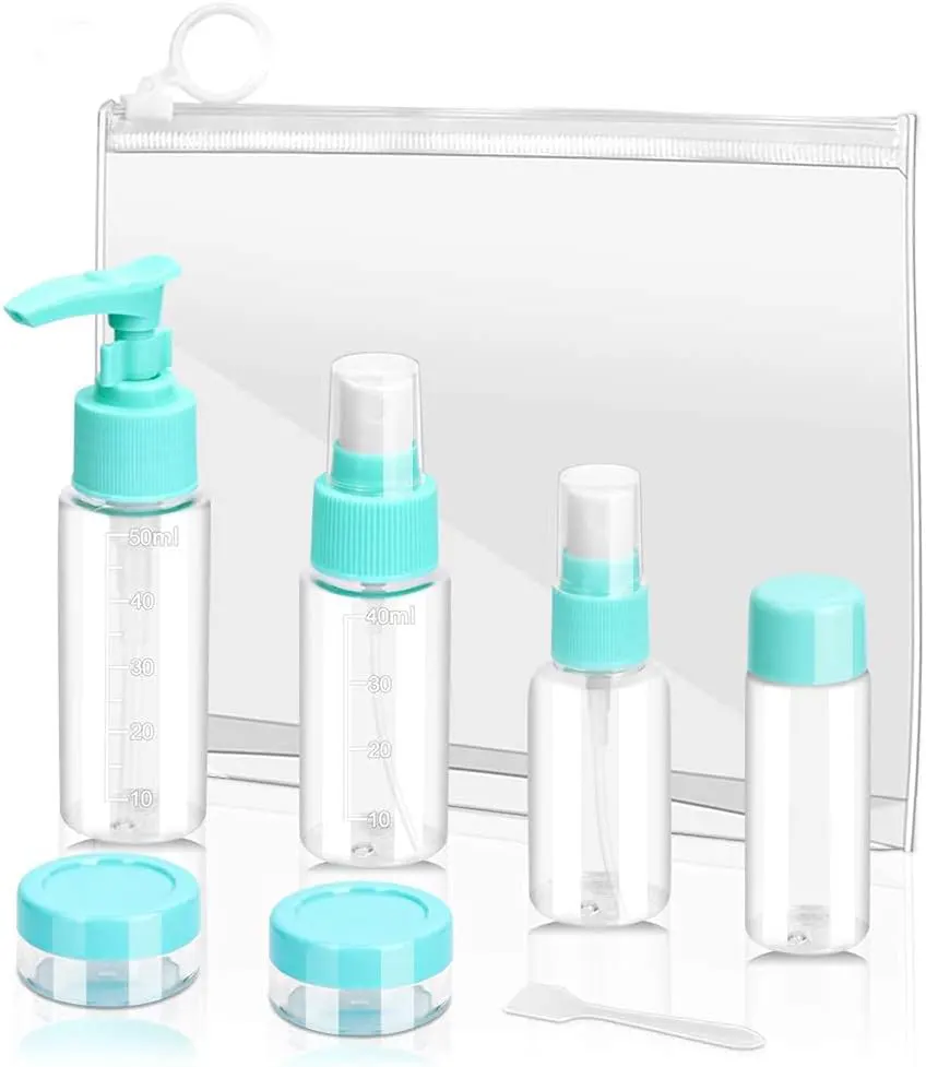 مجموعة زجاجات سفر بلاستيك،7 قطع،سماوي شفاف