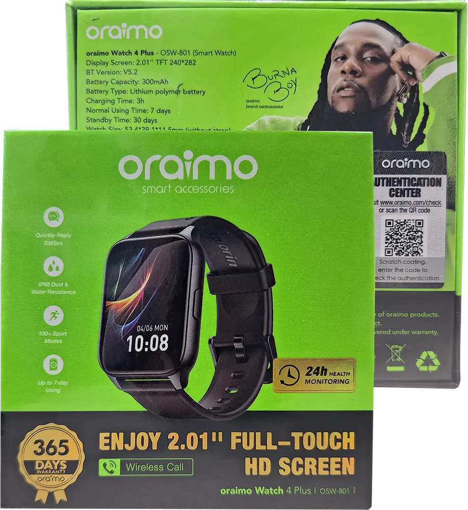 Oraimo 4 PLUS Smart Watch, 2.01 inch touch screen, water resistant, 300 mAh battery, black, OSW-801 + Free Replacement Band