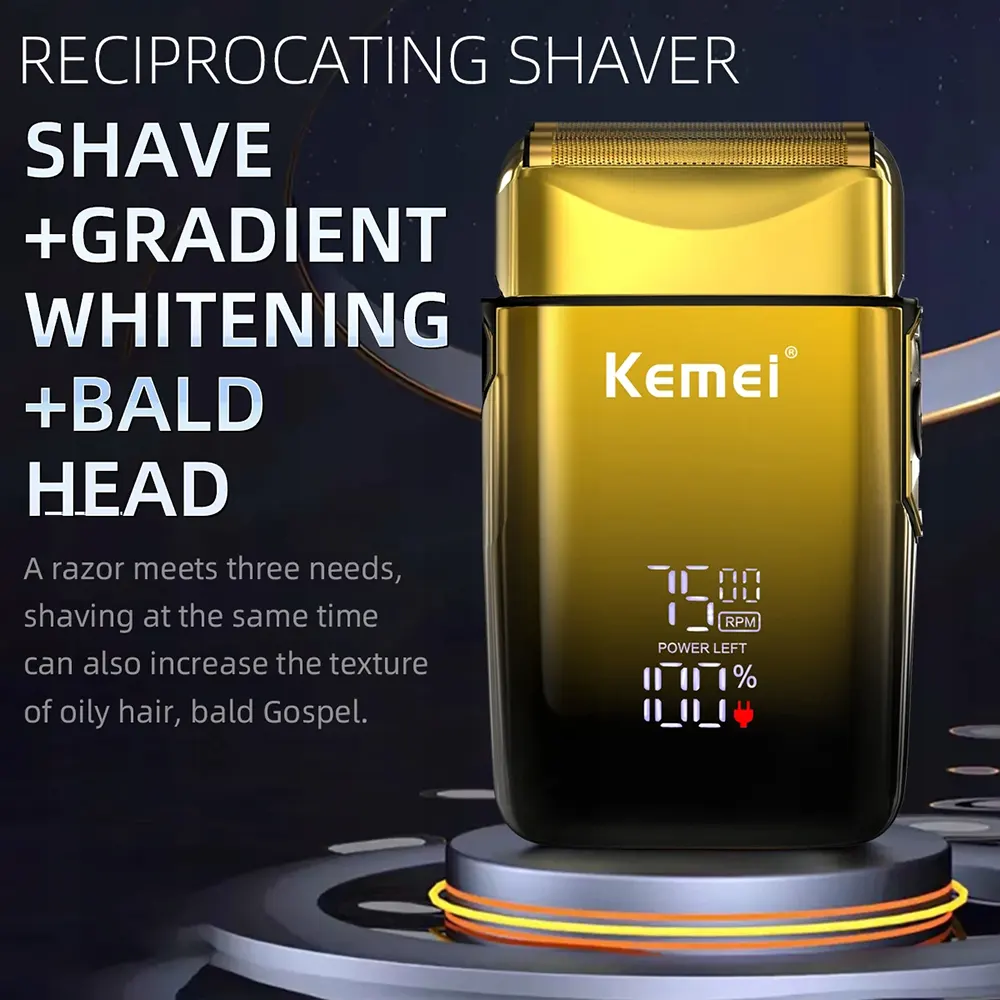 Kemei Beard Shaver, Rechargeable, Digital Display, Gold, Km-Tx10