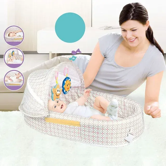 سرير اطفال حديثي الولادة محمول مع شبكة ناموسية وموسيقي قابل للطي،بينك،66524A