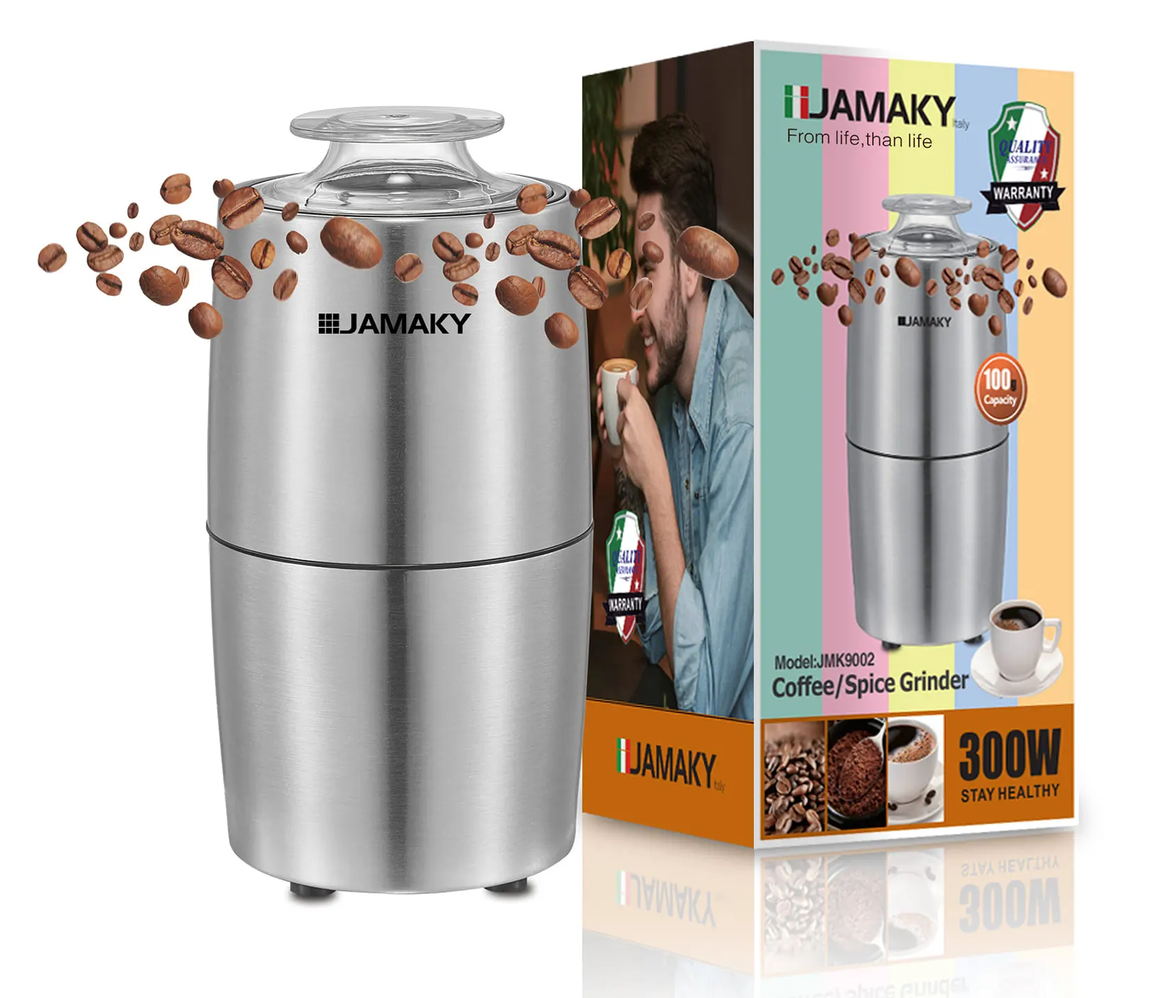 Jamaky Coffee Grinder, 300 Watt, 100 g, Silver, JMK9002