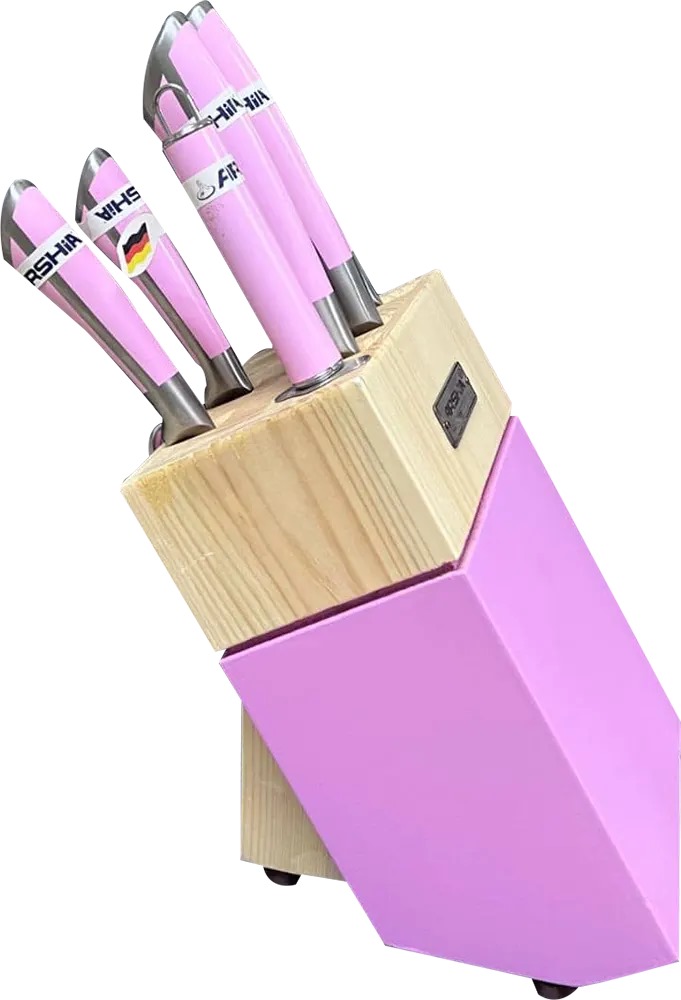 Arshia German stainless steel knife set on a wooden stand, 8 pieces, rose