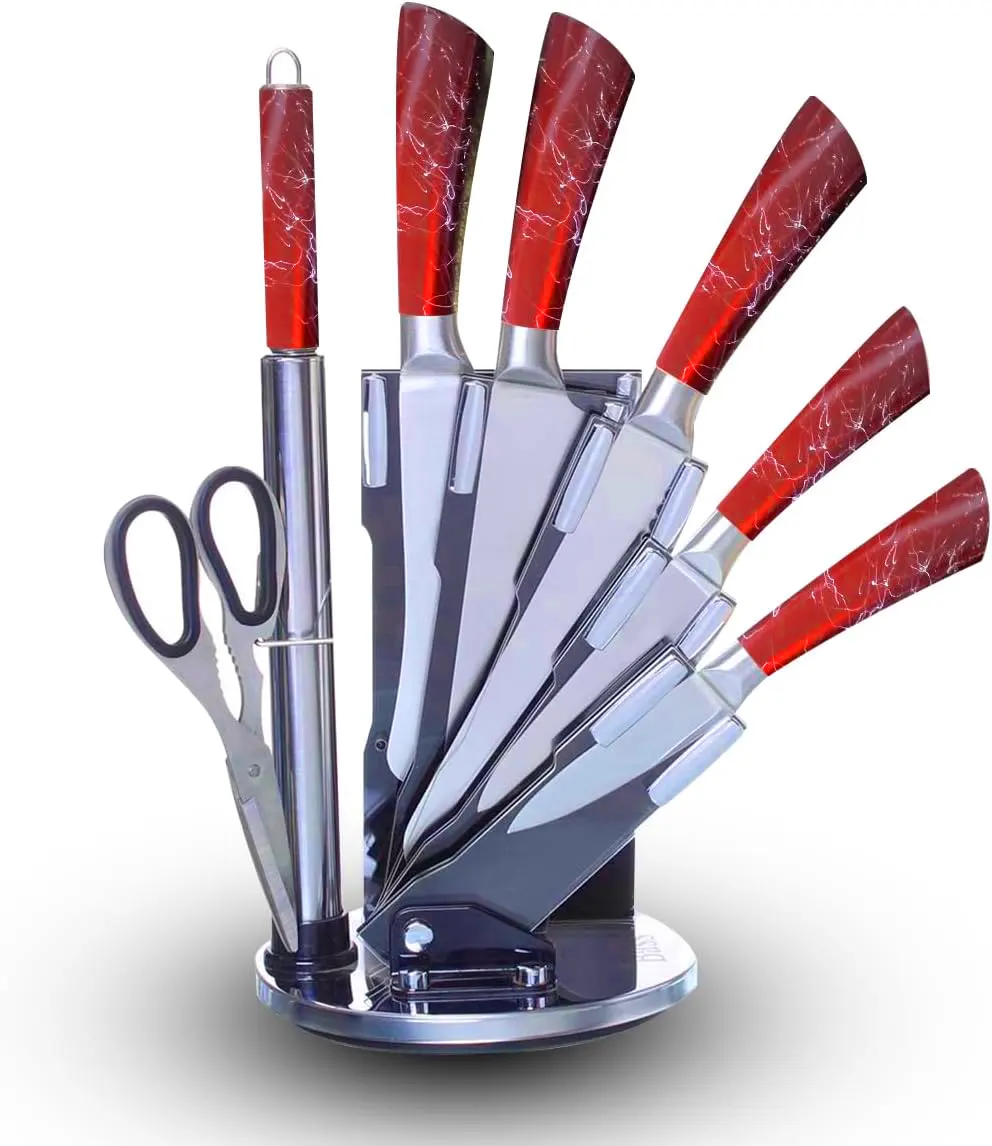 طقم سكاكين أستانلس باستاند دوار من سيلفر ،7 قطع،أحمر رخامي