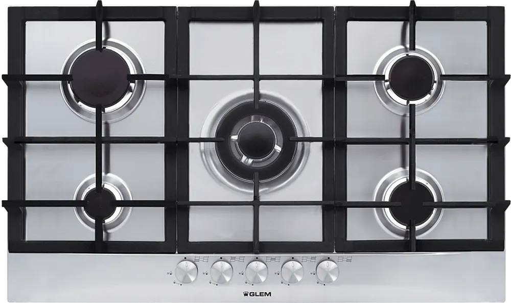 Glem Gas Built-in Hob, 90 cm, 5 Gas Burners, Cast Iron Holders, Full Safety, Stainless Steel, Silver, GT955HIX