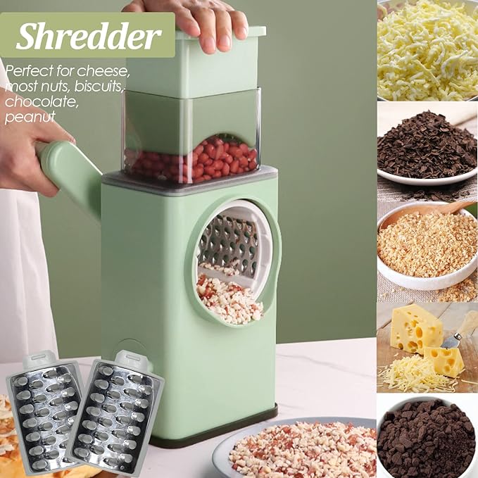 Rotary hand grater, stainless steel blades, green, multi-use
