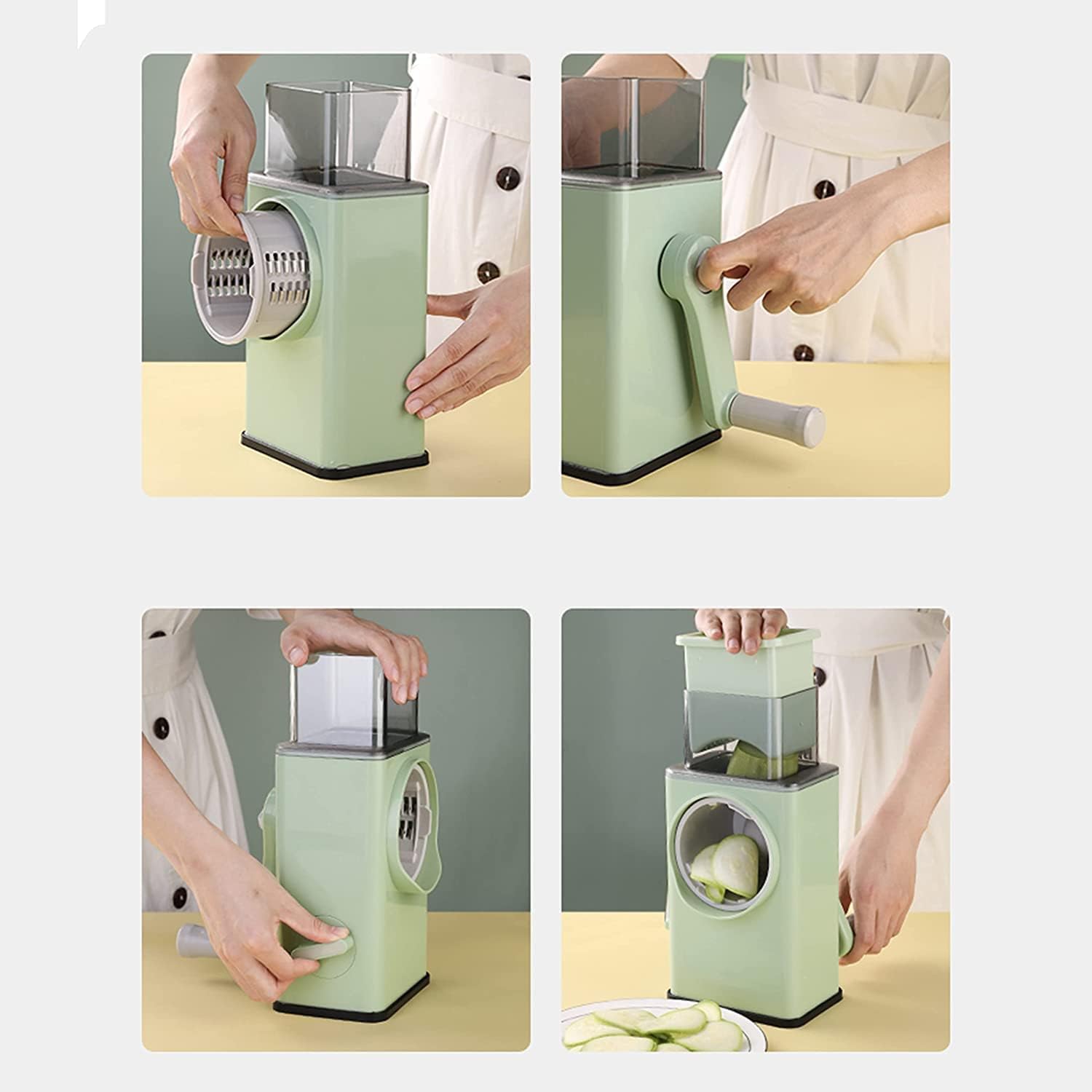 Rotary hand grater, stainless steel blades, green, multi-use