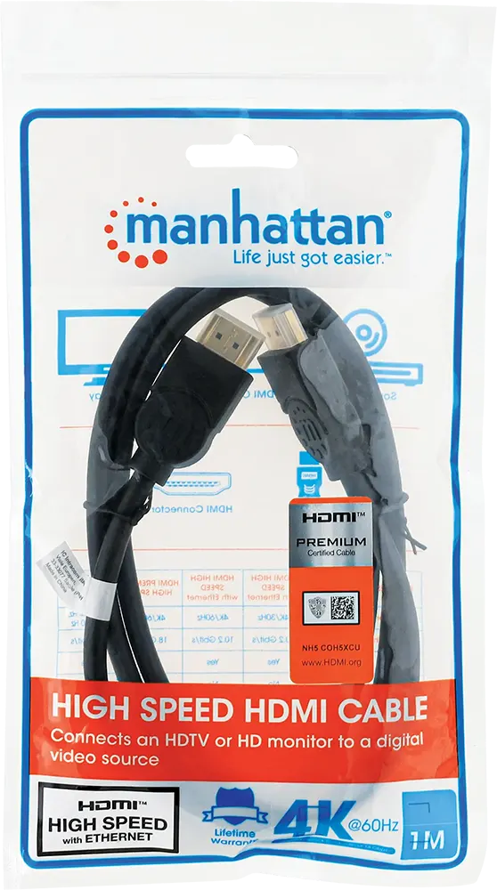 Manhattan HDMI Cable with Ethernet, HDMI Male to Male, 1m, Black, DC349