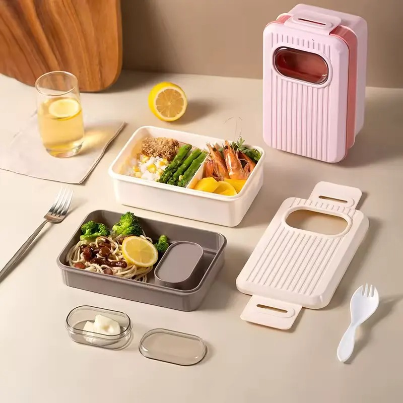 Leakproof plastic lunch box divided with fork - colors
