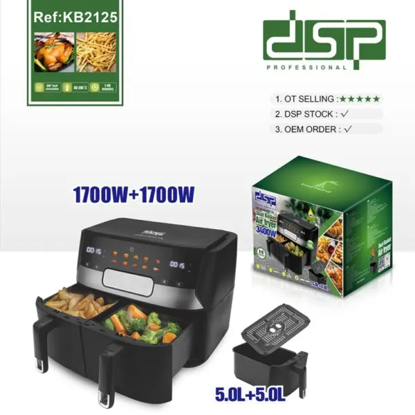 DSP Air Fryer, 3400 Watt, 10 Liter, 2 Drawers, Digital Display, Black, KB2125