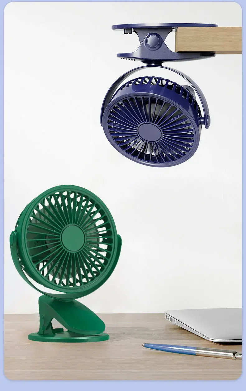 Small portable fan powered by USB charging, clip-on shape, equipped with a rotatable stand, colors