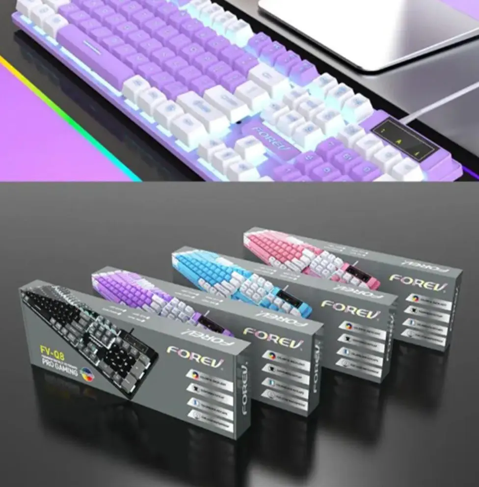 Forev Wired Gaming Keyboard, Backlit, 104 Keys, Waterproof, Multi Color, FV-Q8