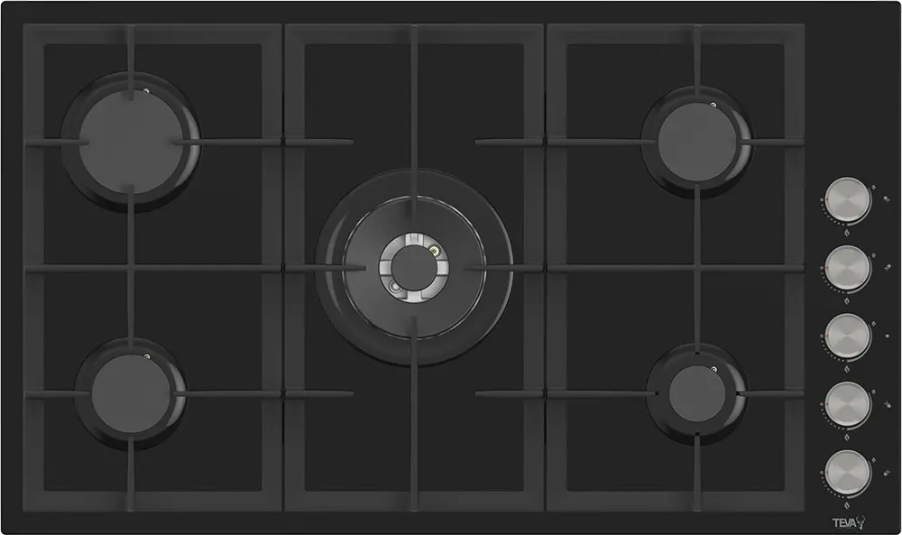 Teva Built-In Hob, 90 Cm, 5 Gas Burners, Cast Iron Holders, Glass, Black, BL225