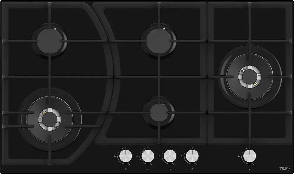Teva Built-In Hob, 90 Cm, 5 Gas Burners, Cast Iron Holders, Glass, Black, BF185W