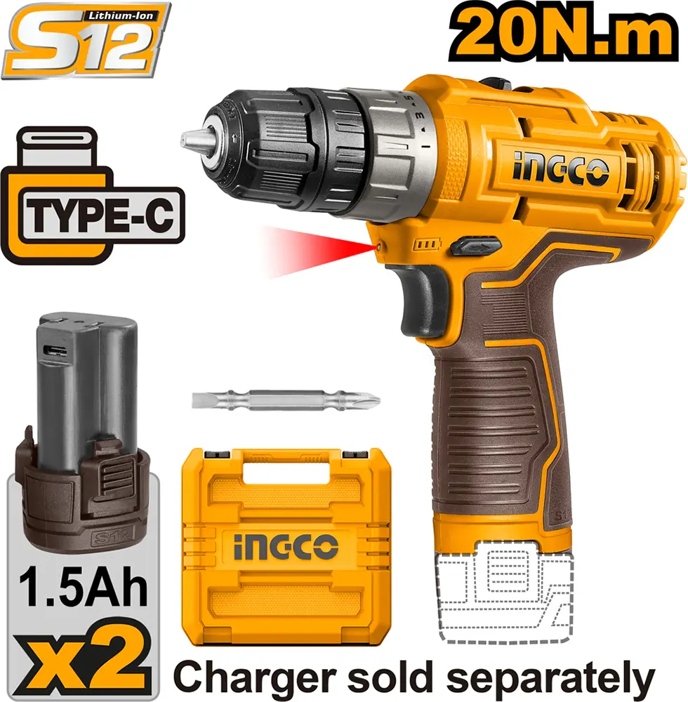 Ingco Rechargeable Drill, 12 Volt, 2 Battery 1.5 Ah , 20 Newton, 2 Speeds, Yellow, CDLI12202